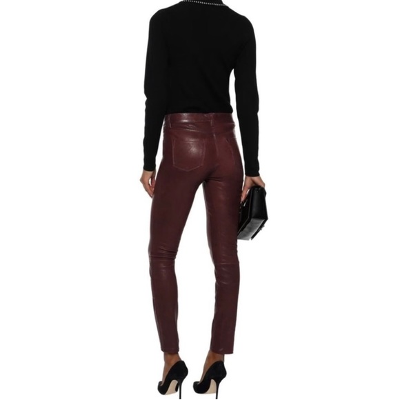 J BRAND • Burgundy Stretch Lamb Leather Skinny Ankle Zip Pants - Picture 15 of 16